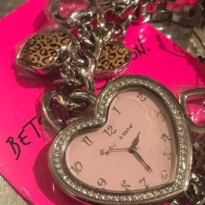 Pink silver heart crystal rhinestone watch Betsey Johnson vintage charm bracelet